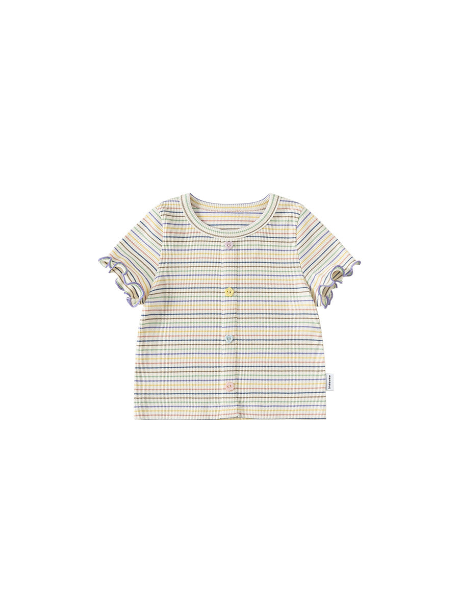 Children's Short-sleeved Summer Color Stripes Wooden Ear Sweet Cute Tops Children's T-shirt