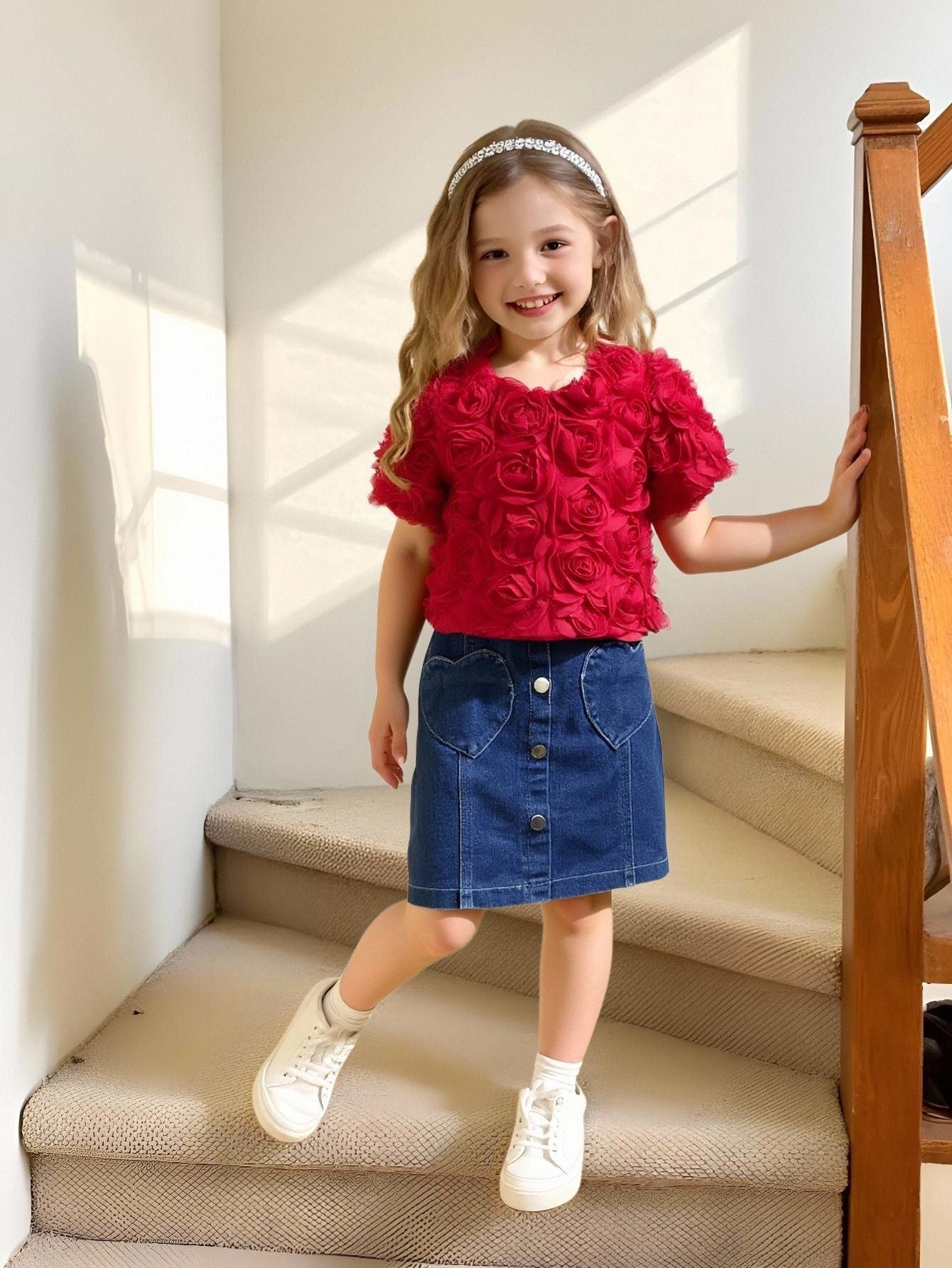 Three-dimensional Rose Short-sleeved Shirt Love Denim Skirt Children's Suit