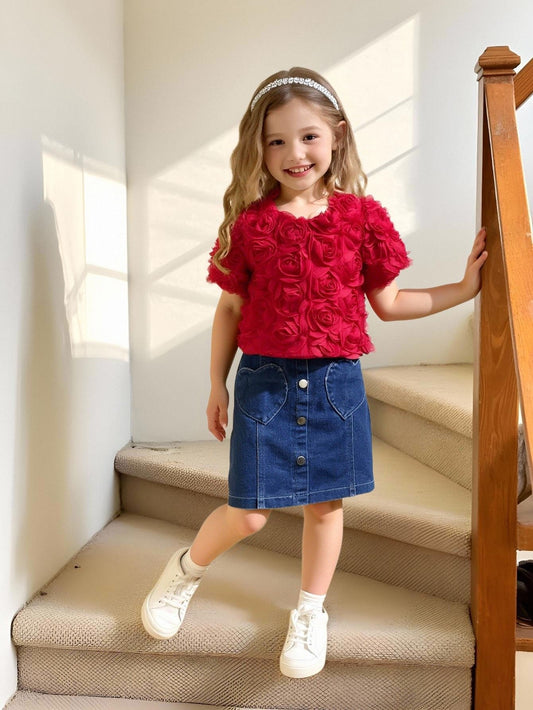 Three-dimensional Rose Short-sleeved Shirt Love Denim Skirt Children's Suit