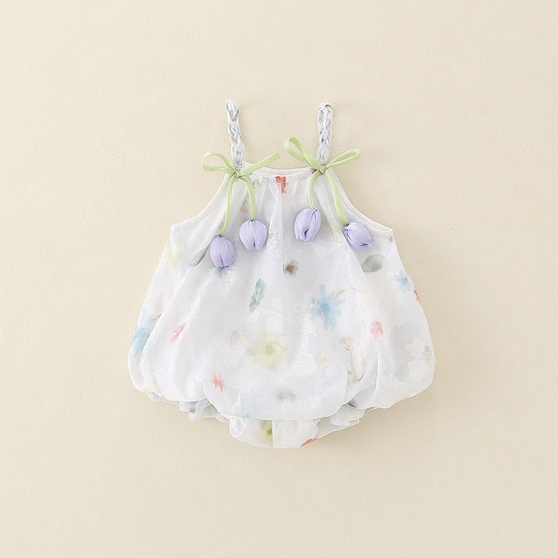 Korean Style Summer Tulip Chiffon Suspender Dress Infant Triangle Rompers Jumpsuit, Climbing Suit