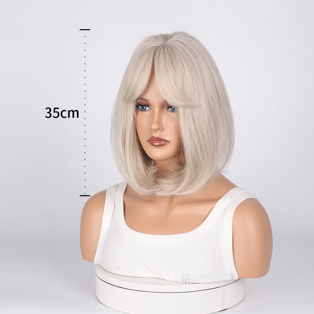 Fashion Women's Gray Golden Straight Bangs Wig Short Curly Hair