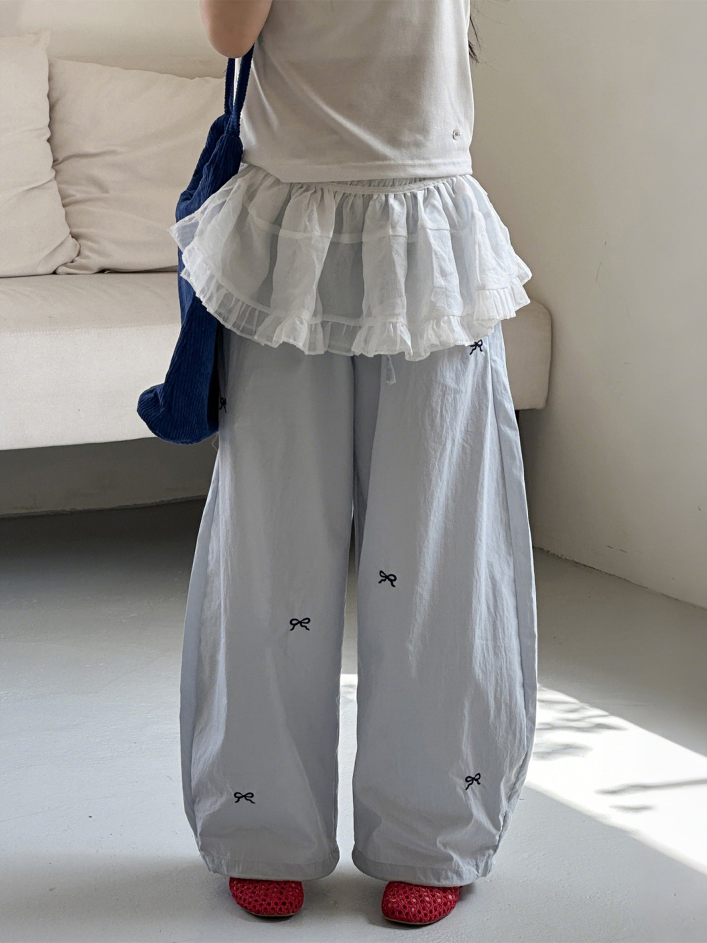 Embroidered Bow Loose Teens Casual Straight Children's Pants