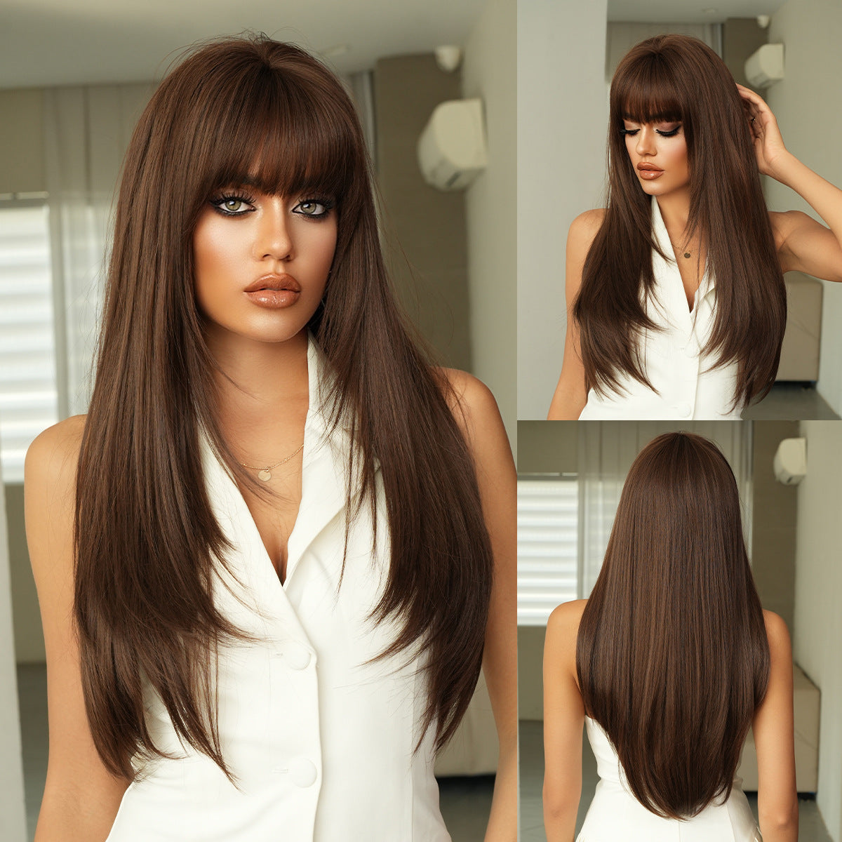 Bangs Daily Use Fluffy Synthetic Heat Resistant Long Straight Wig