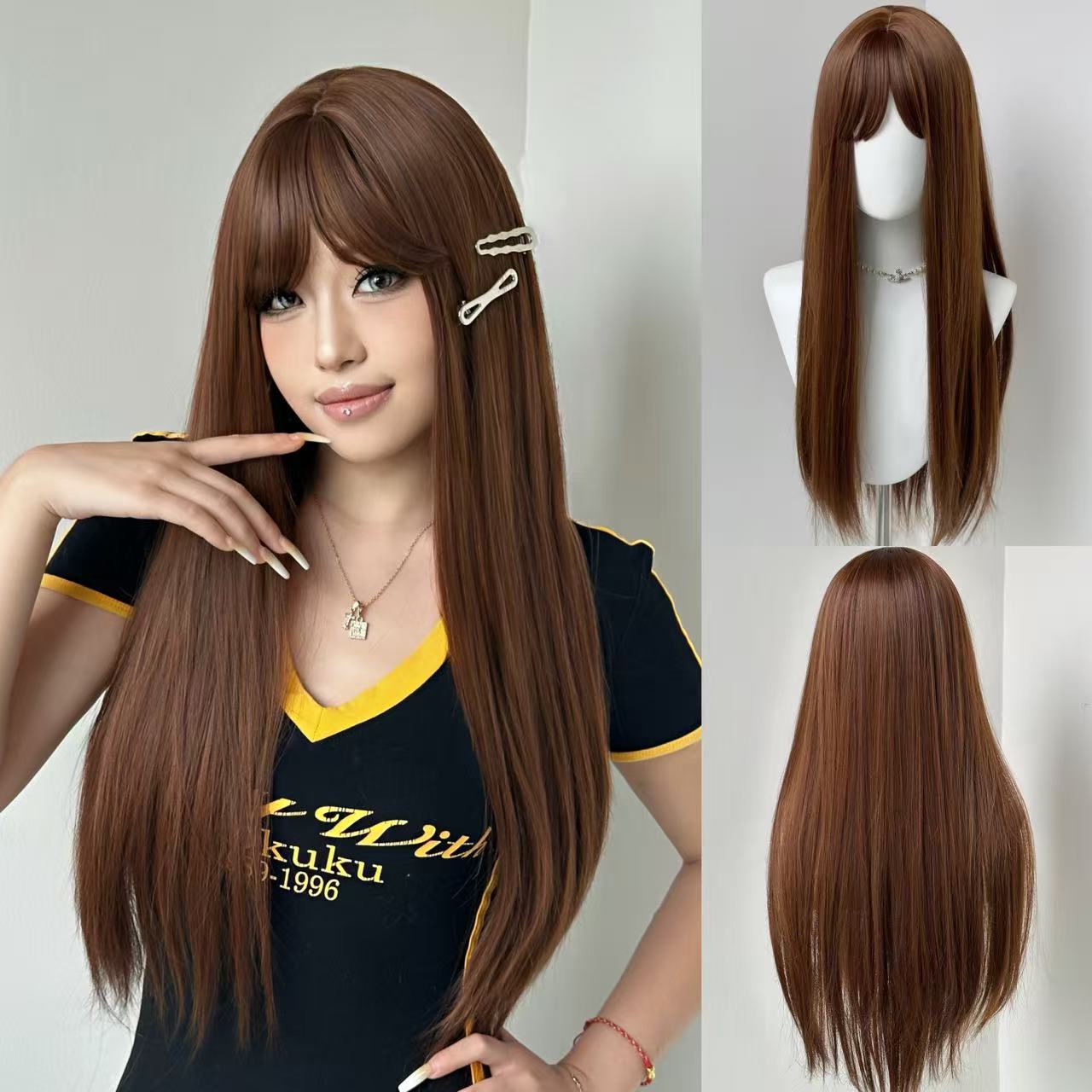Head Cover Brown Straight Bangs Long Chemical Wig Short Curly Hair
