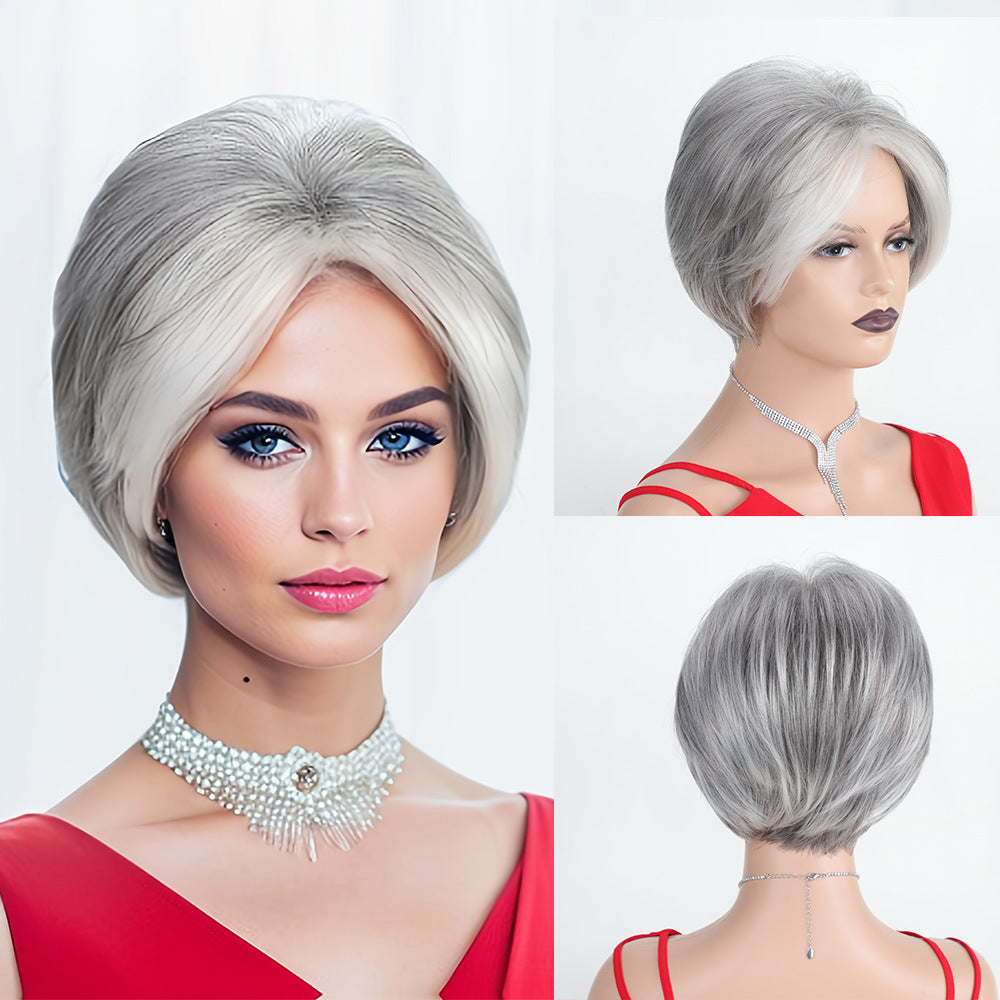 Gray Highlight Wave Synthetic Wigs One Wig Short Straight Hair