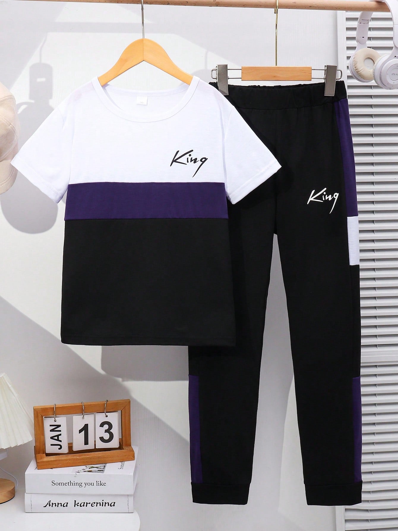 Men's Medium Big With Brown Letters Short Sleeve Lengthened Blouse Pants Children's Suit