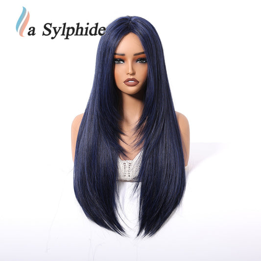 Women's Hair Blue Korean Style Realistic Mid-length Natural Long Straight Wig