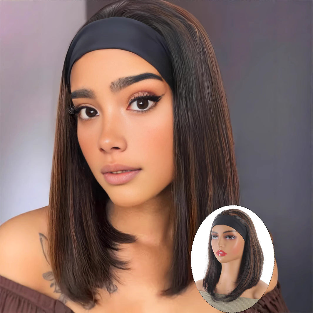 Women's Inner Buckle Black Highlight Brown Headgear Wig Short Straight Hair