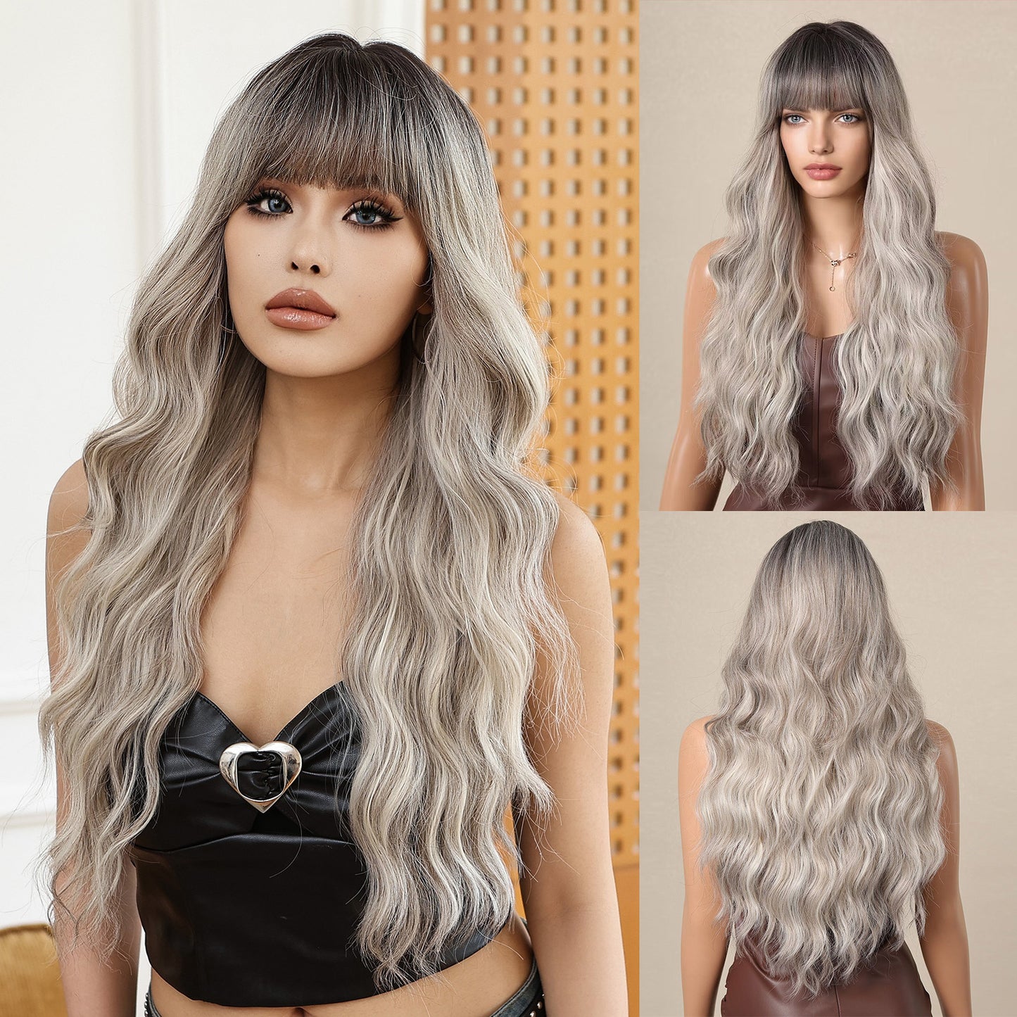 Straight Bangs Curly Hair Gradient White Gold Color Mechanism Wig Long Curls