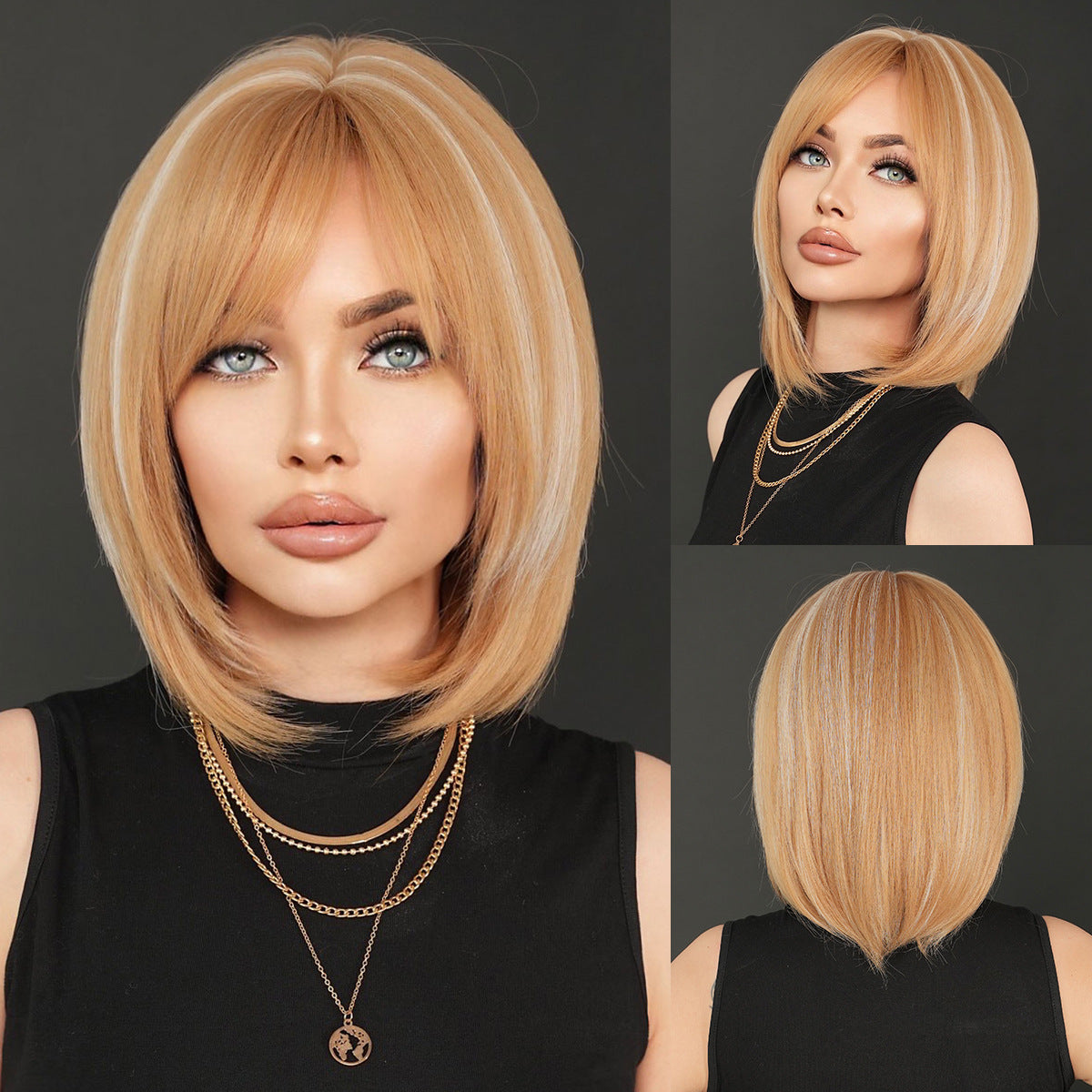 Shoulder Gradient Gold Side Division Bangs Natural Wig Short Straight Hair