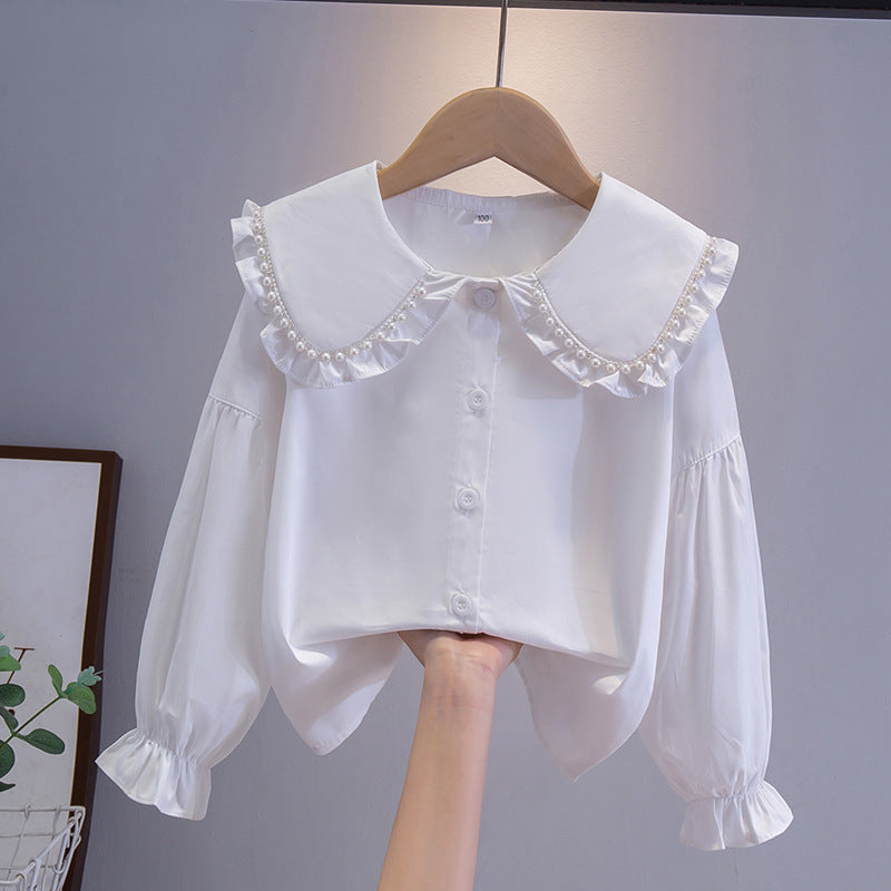 White Long Sleeve Cotton Versatile Medium Large College Children's Shirt