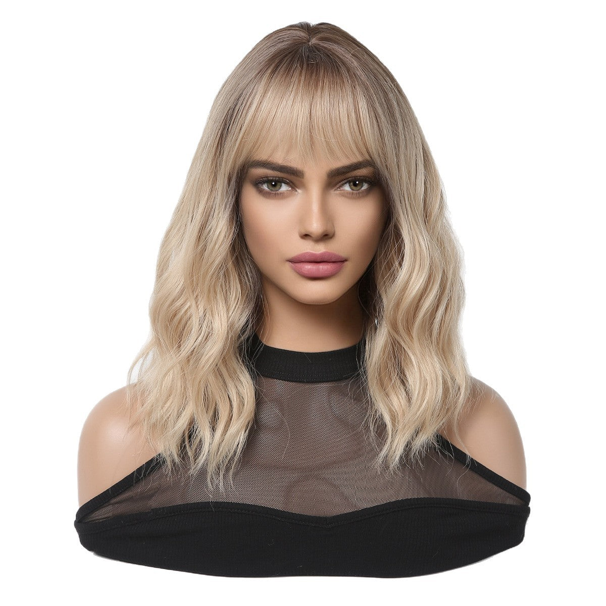 Water Ripple Black Gradient Golden Full Top Roll Chemical Wig Short Curly Hair
