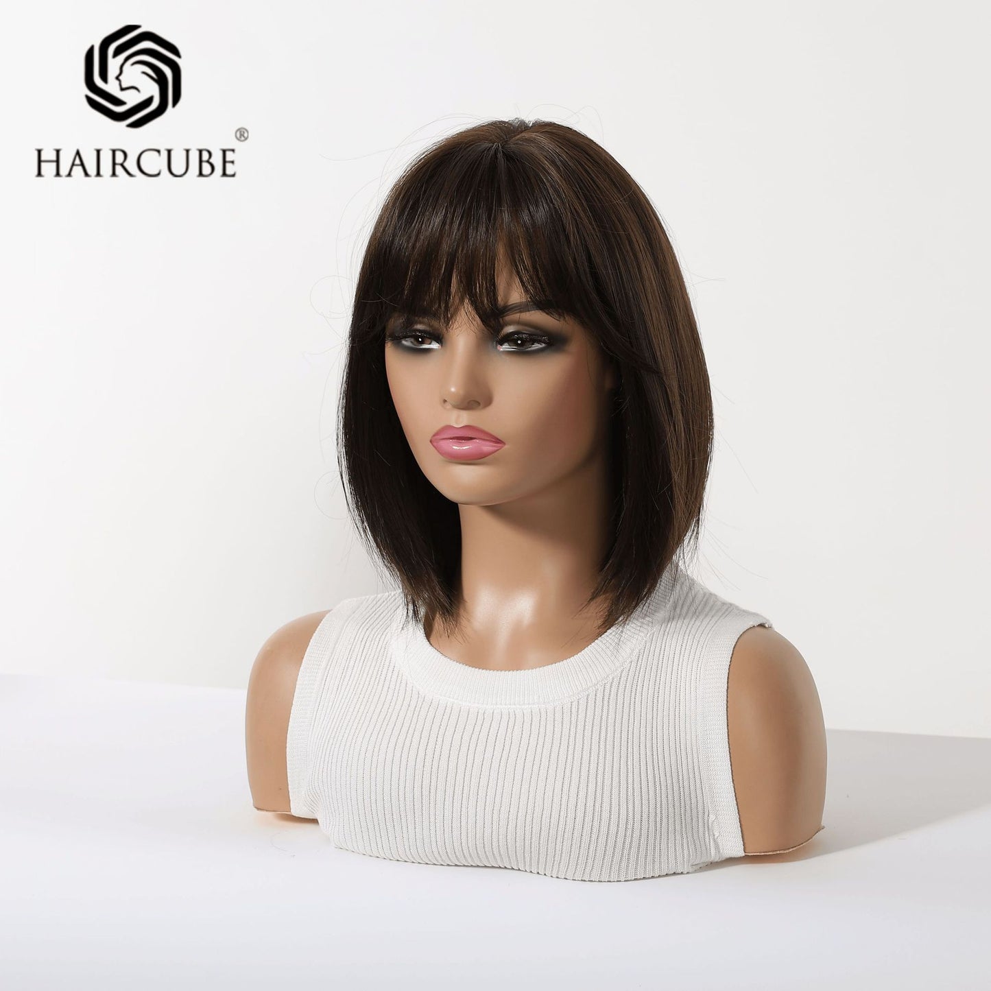 Women's Gradient Brown Highlights Artificial Human Fiber Wig Short Straight Hair
