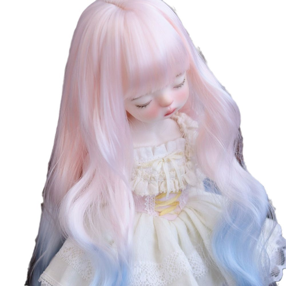 Straight Bangs Fiber Pink Blue Gradient Small Curls Foreign Lady Other Wig