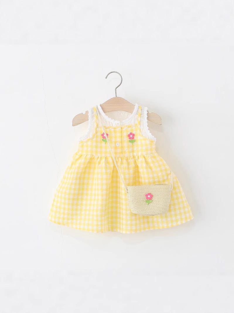 Children's One-piece Summer Fake Two-piece Plaid Small Flower Princess Children's Dress