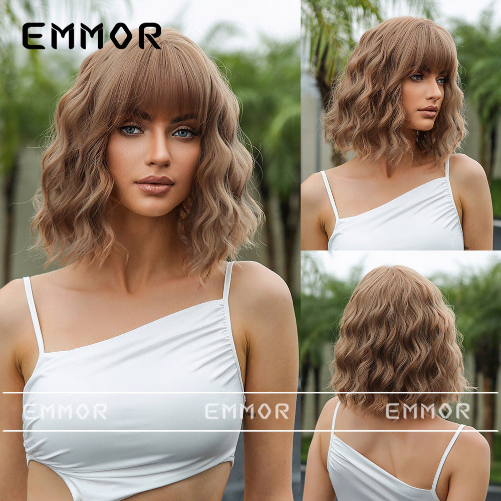 Summer Light Breathable Brown Natural Chemical Wig Short Curly Hair