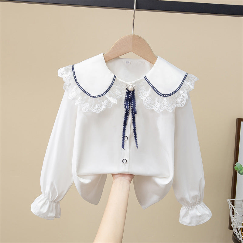 Children's Medium Large Doll Collar White Cotton Long-sleeved Spring Children's Shirt