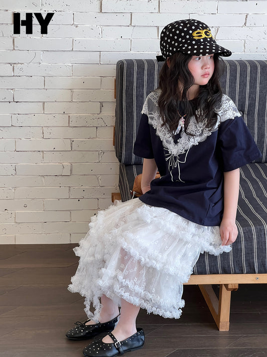 Children's Summer Bottoming Shirt Lace Cotton Coat Middle Children's T-shirt
