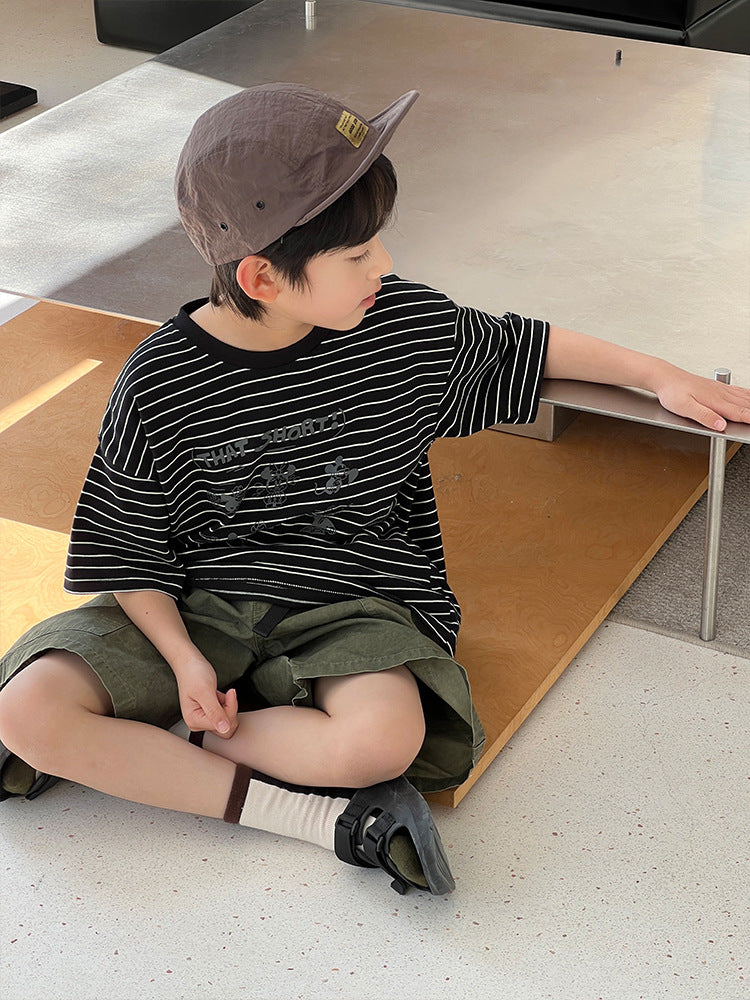Children's Style Striped Cartoon Printed Round Neck Pullover Casual Children's T-shirt