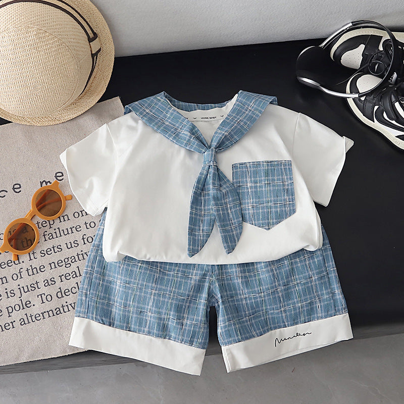 Children's Preppy Style Boys Plaid Short-sleeved Shorts Children's Suit