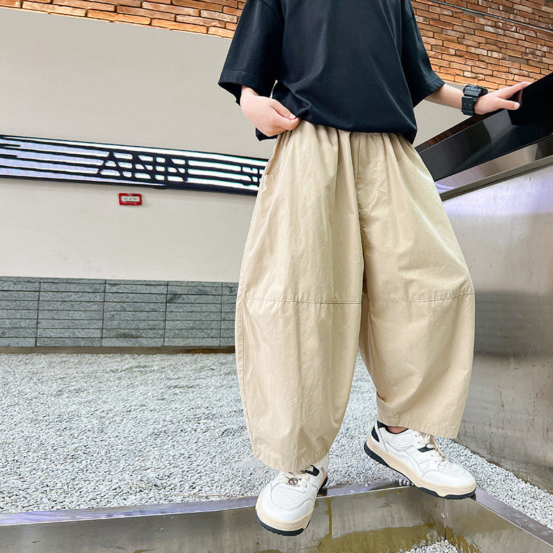 Older Boys Black Straight Lantern Overalls Summer Loose Children's Pants