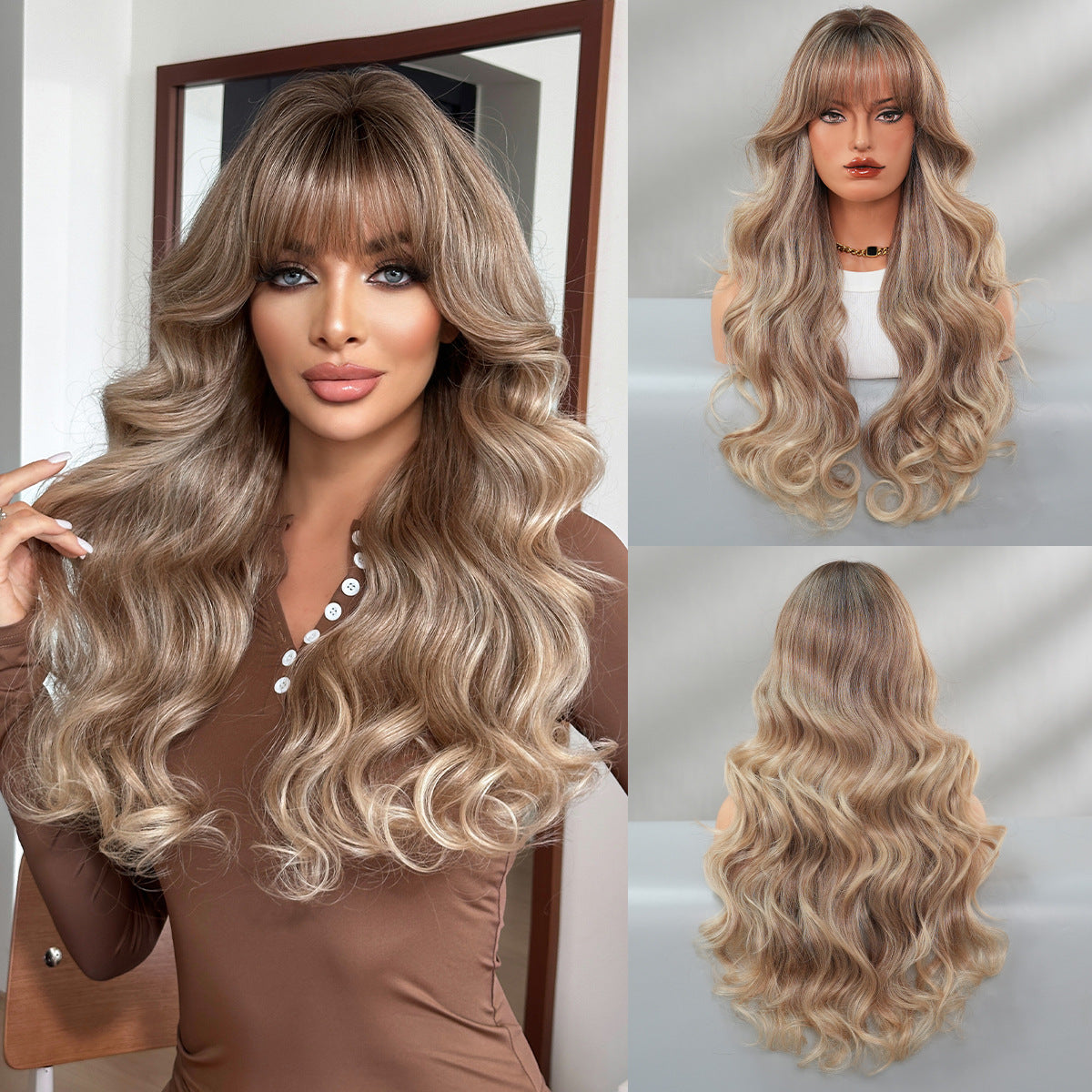 Black Tea Brown Straight Bangs Curly Wig Long Curls