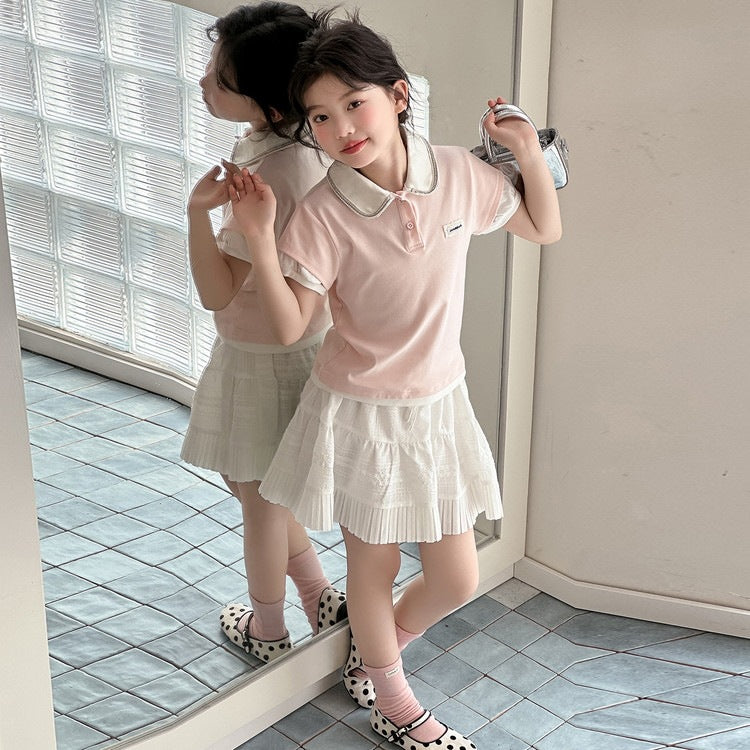 Sweet Set Summer Middle Big Fake Two-piece Shirt Skirt Children's Suit