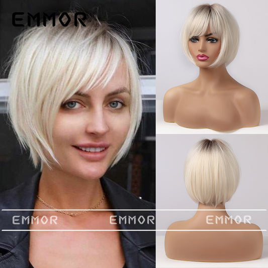 Women's Fashion Head Dyed Black Platinum Ribbon Wig Short Straight Hair