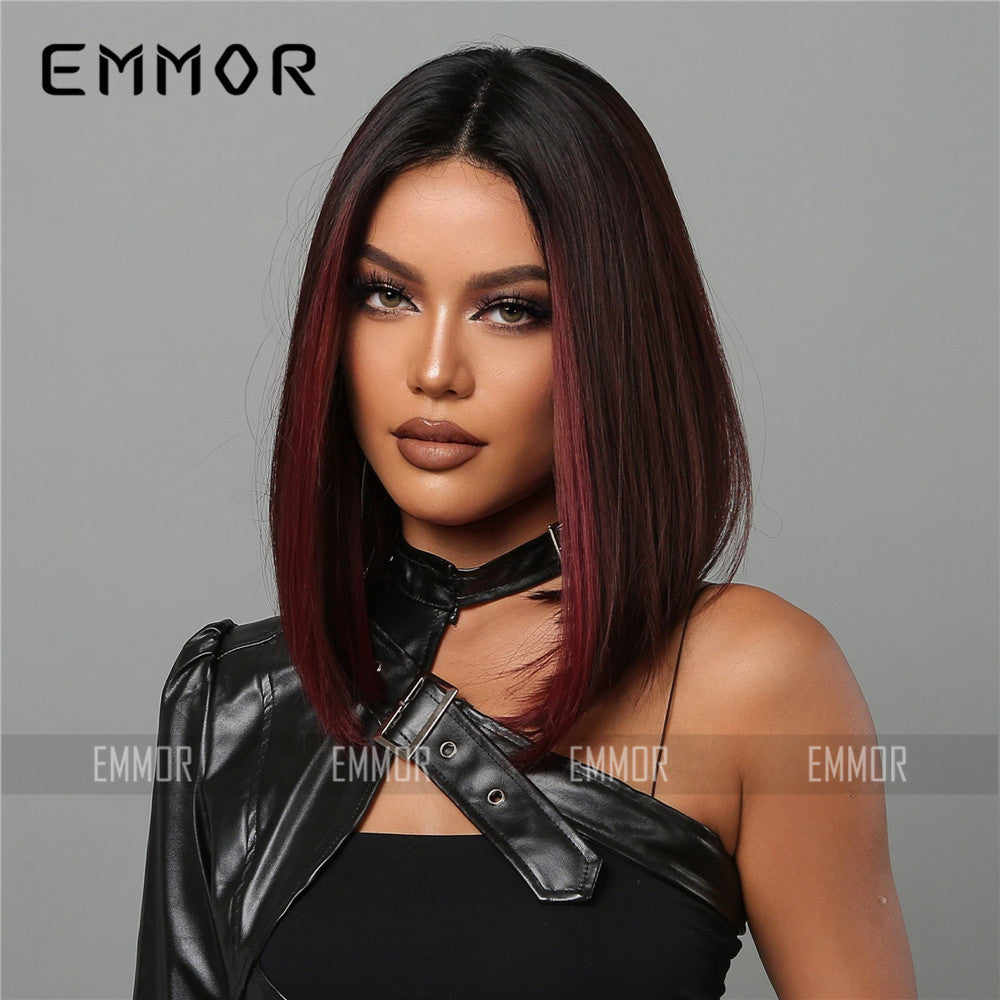 Medium Gradient Red Brown Straight Hair Wig Long Curls