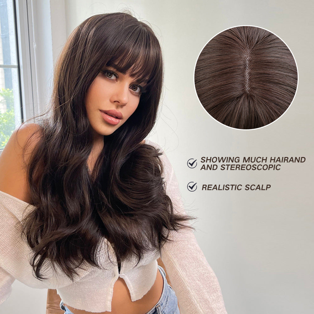 Women's Brown Wigs With Bangs Wave Synthetic Long Straight Wig