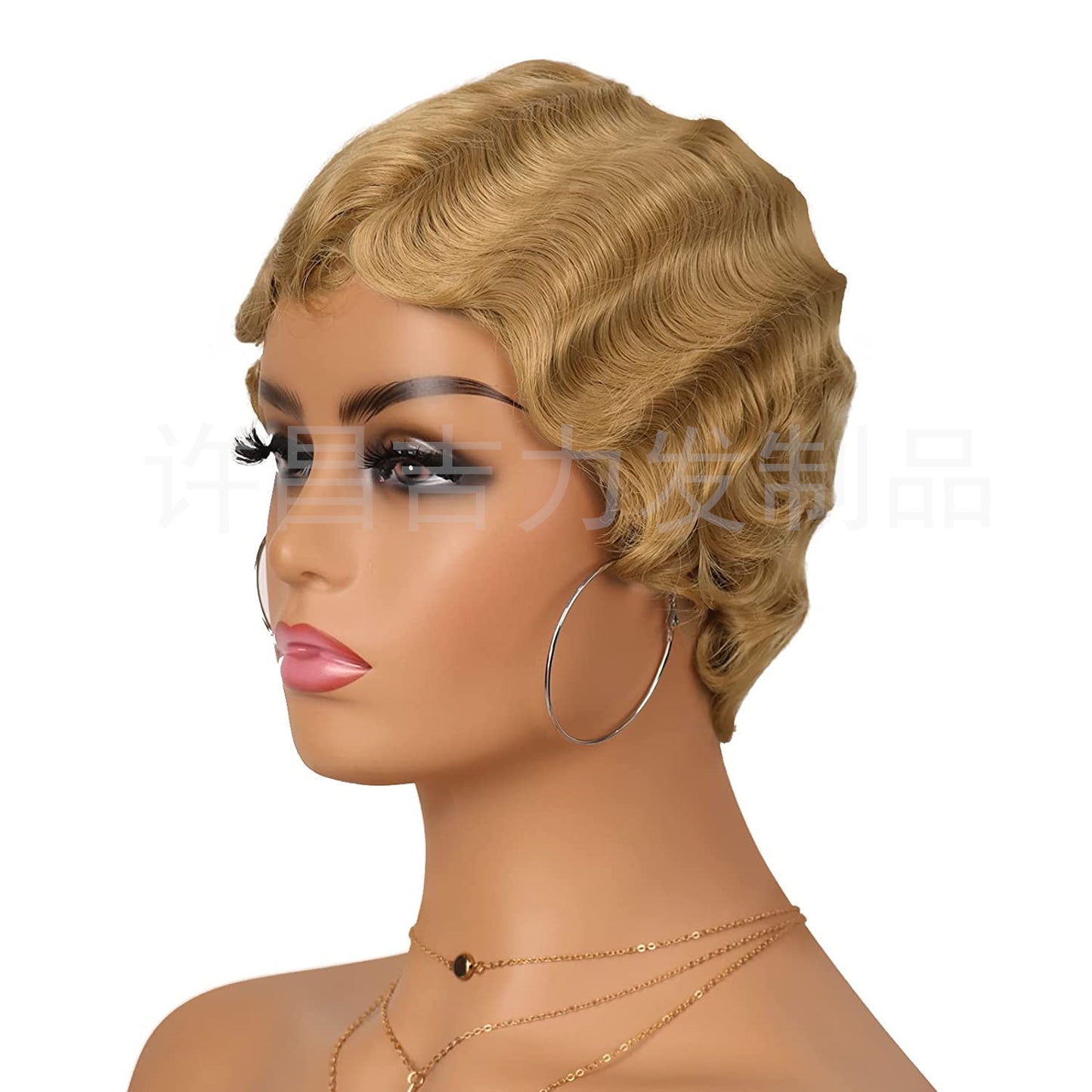 Head Cover Vintage Water Ripple Synthetic Wig Short Curly Hair
