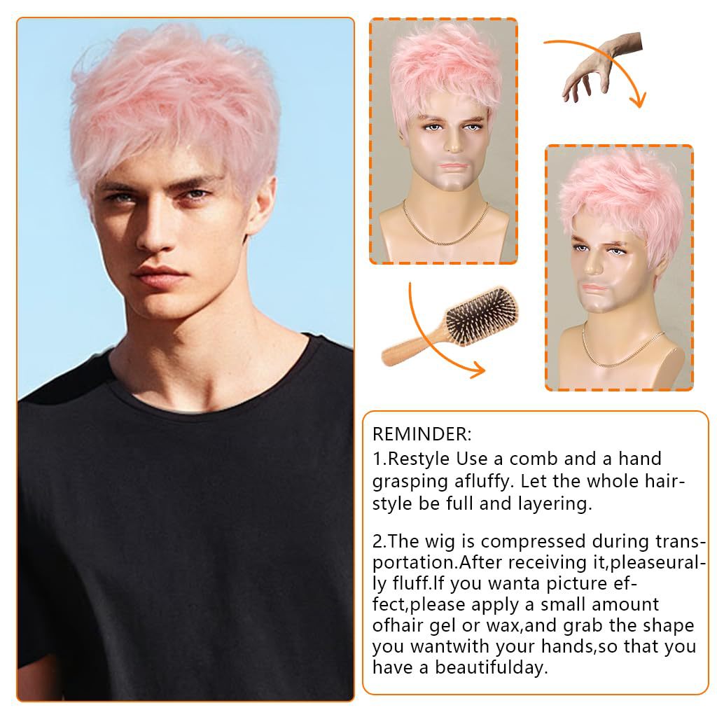 Women's & Men's Fashion Pink Short Synthetic Wigs Fiber Men's Wig
