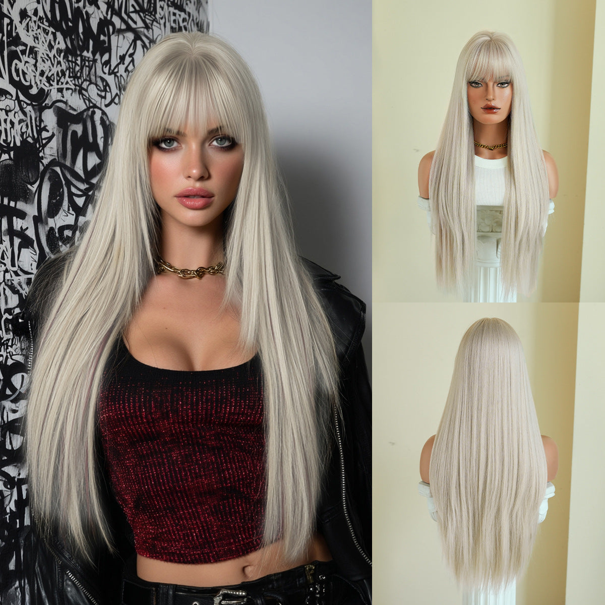 Black Full Top Bangs High Quality Chemical Long Straight Wig
