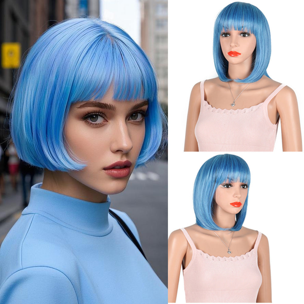 Women's Fashion Long Black Head Cover With Wig Short Straight Hair
