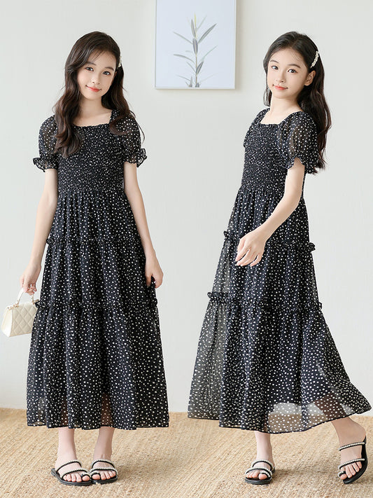 Children's Puff Sleeve Smocking Floral Little Polka Children's Dress