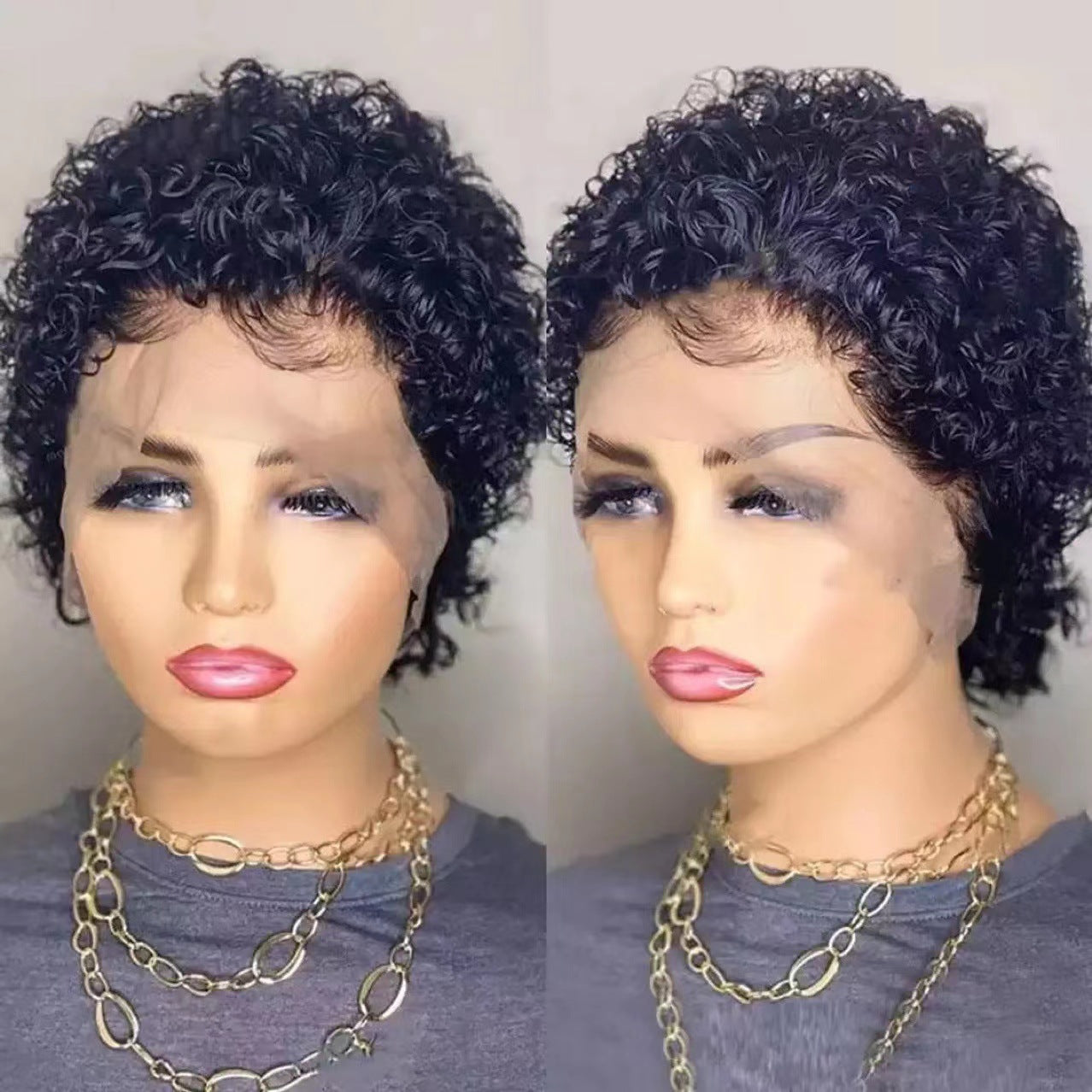 Mid-length Black Hand Tube Wrapped Small Female Wig Short Curly Hair