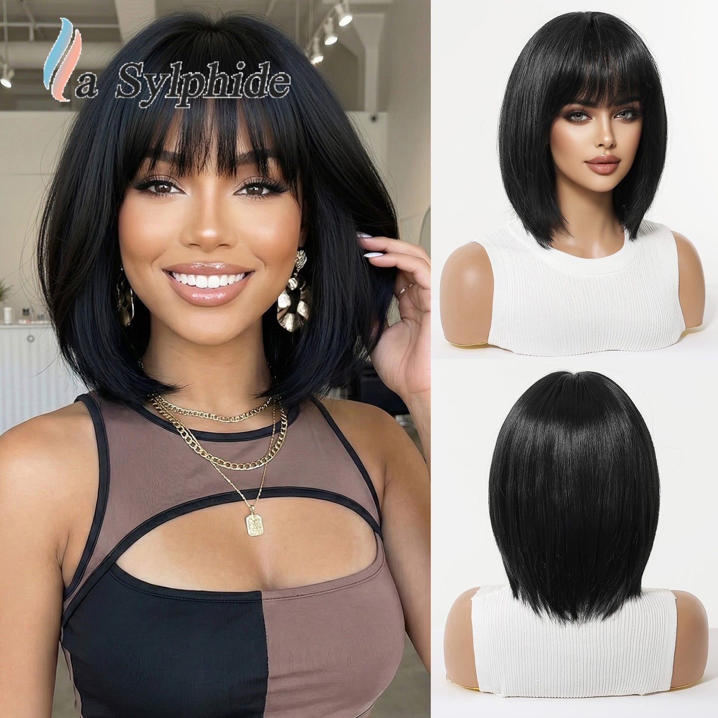 Gradient Bangs Fashion Shoulder Mechanism Rose Wig Short Straight Hair