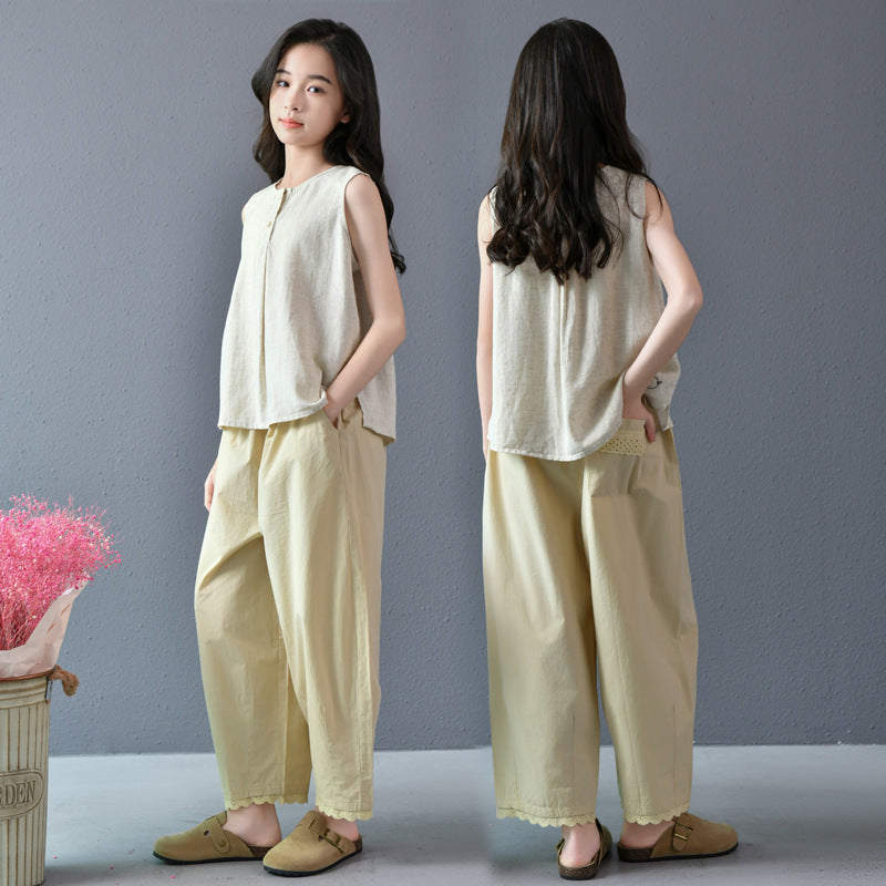 Summer Loose Leisure Artistic Retro Casual Cropped Slim Elastic Waist Children's Pants