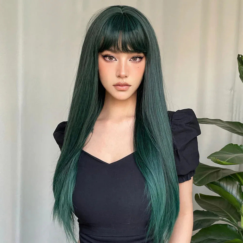 Women's Hair Korean Style Bangs Blue Natural Wig Long Curls