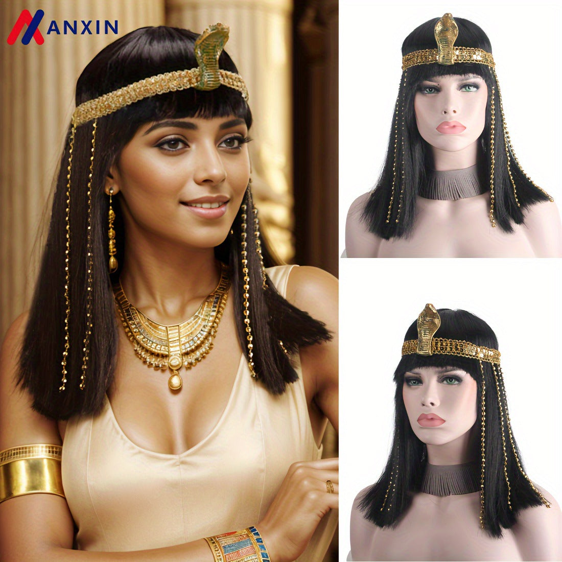 Cleopatra Headgear With Snake Head Accessories Black Hair Sheath Long Straight Wig