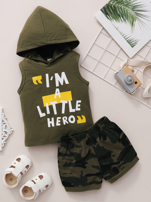 Summer Cartoon Letter Print Sleeveless Hooded Top Camouflage Shorts Children's Suit