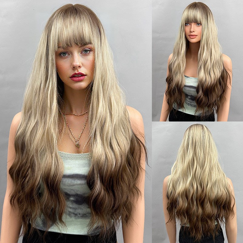 Women's Coffee Pink Gradient Headgear Chemical Fiber Wig Long Curls