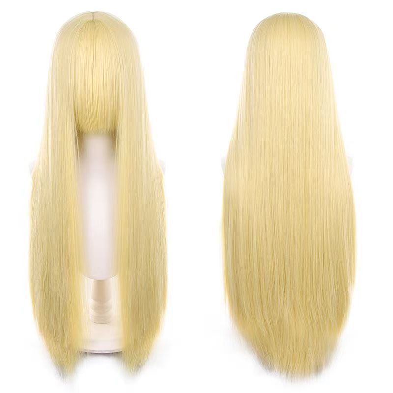 Universal Round Head Leather Top Length Bangs Mao Shape Rose Long Straight Wig