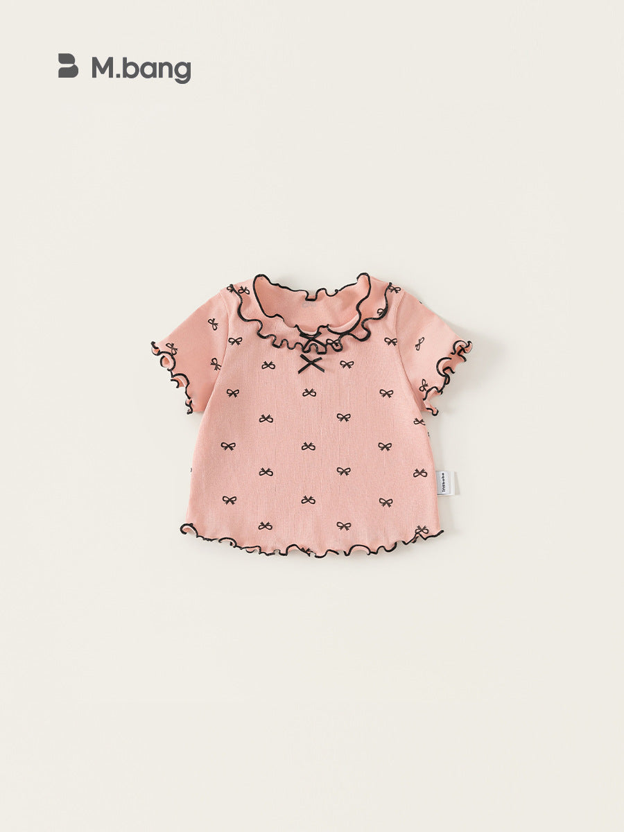 Children's Clothing Korean Style Bow Clothes Summer Shirt Lacework Short Children's T-shirt