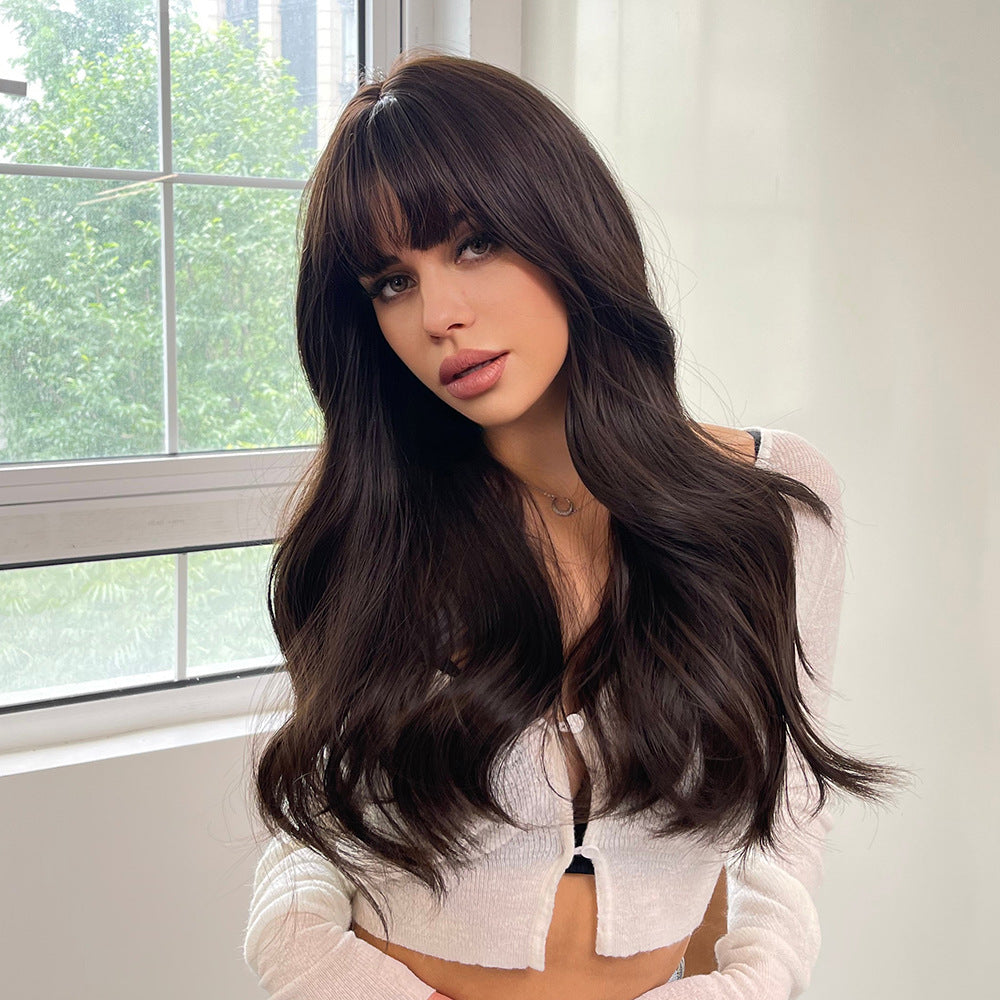 Women's Brown Wigs With Bangs Wave Synthetic Long Straight Wig