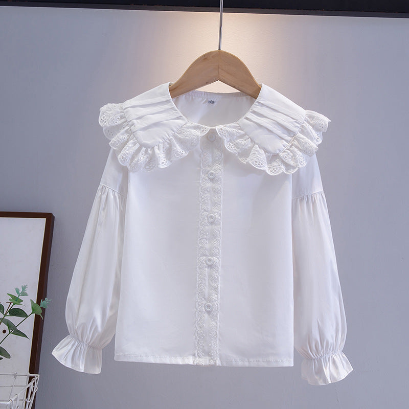 White Long Sleeve Cotton Versatile Medium Large College Western Children's Shirt