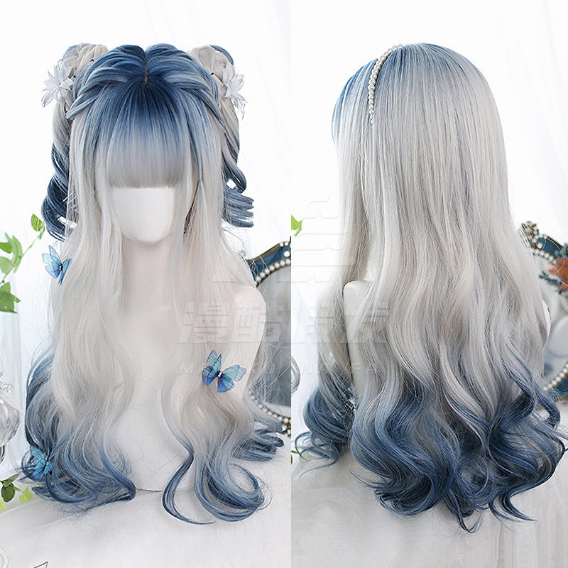 Daily Lolita Simulation Scalp Soft Highlight Gradient Blue Sier Curly Wig Long Curls