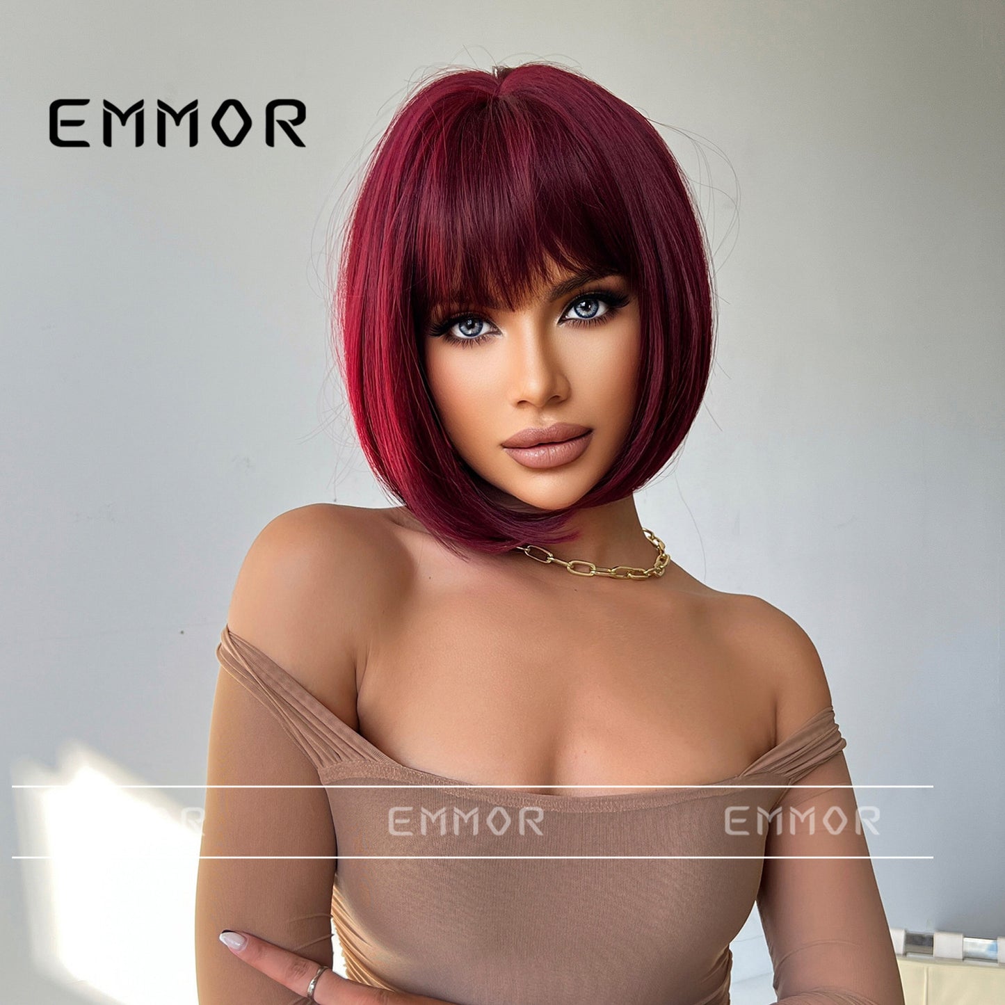 Attractive Air Bangs Wine Red Temperament Wig Short Straight Hair