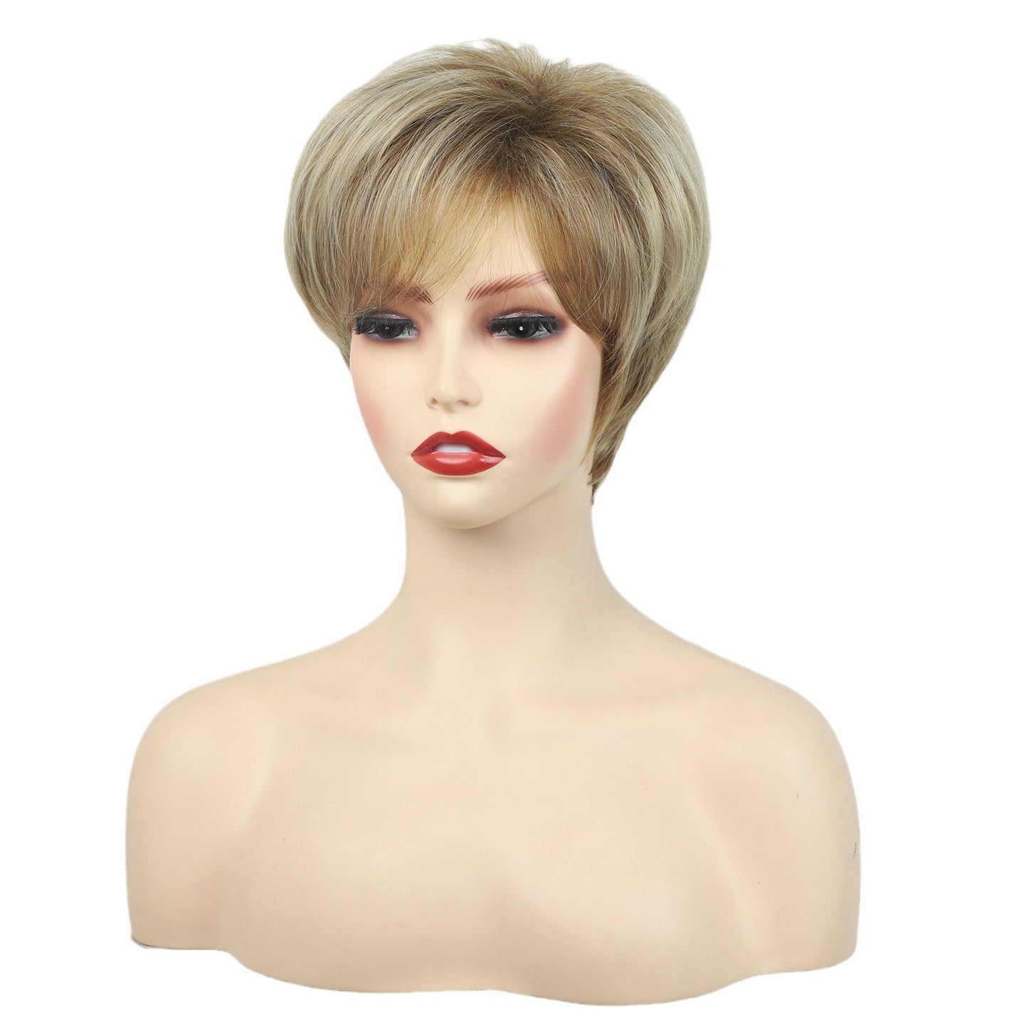 Women's Fashionable Golden Side Bangs Straight Head Wig Short Curly Hair