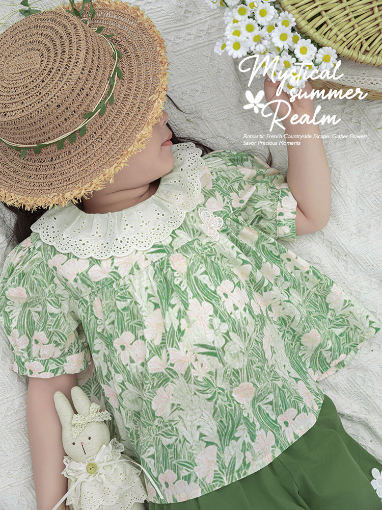Simple Dress Sweet Pleating Puff Sleeve Doll Shirt Anti Mosquito Children's Suit